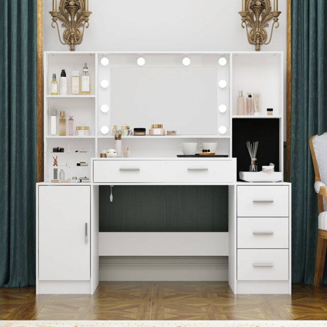 140cm Professional Vanity Desk with Glass Top & 10 LED Bulbs - Large Makeup Table with Jewelry Organ