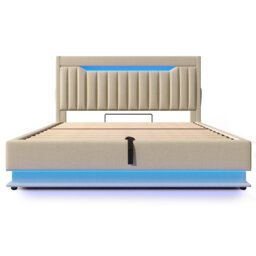 4ft6 Double Size Ottoman Bed With Led, Usb And Storage Headboard Linen Grey