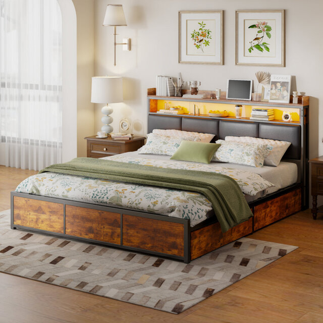 PU Wooden Upholstered Bed With LED And 4 Drawers