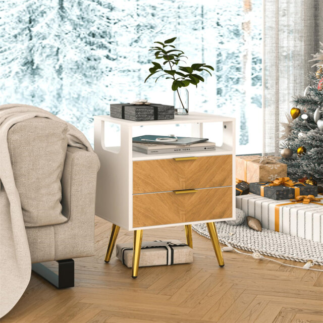 Wooden Bedside Table, Nightstand With 2 Storage Drawer And Open Wood Shelf, Bedside Cabinet For Living Room, Bedroom And Small Spaces