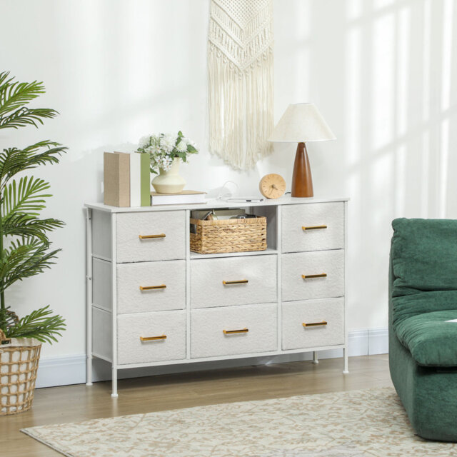 HOMCOM Boucle Chest of Drawers with Charging Station 8 Drawers Cream White