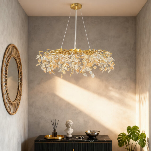 "31.5"" Deluxe Maple Leaf Crystal Pendant, Modern Golden Tree Branch Design, G9 Base, No Bulbs"