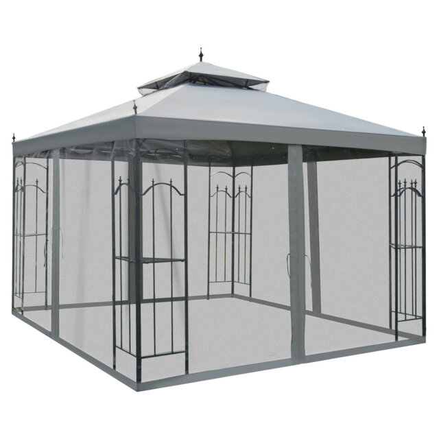 3x3m Double Top Garden Gazebo, Grey Outdoor Patio Wedding Party Tent With Mosquito Netting, Uv & Water Resistant Polyester Canopy, Powder Coated Steel