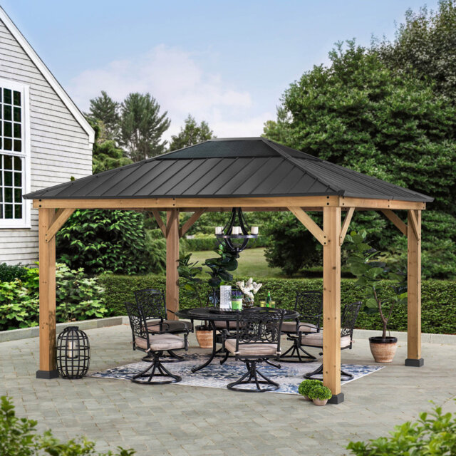 Sunjoy 3.9m x 3.3m Outdoor Aldene Solid Cedar Wooden Gazebo, Anthracite Steel Frame, Powder-Coated