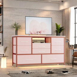8 Dresser Tv Stand With Power Outlet & Led, Dresser For Bedroom With 8 Deep Drawers, Wide Console Table For Living Room, Entryway
