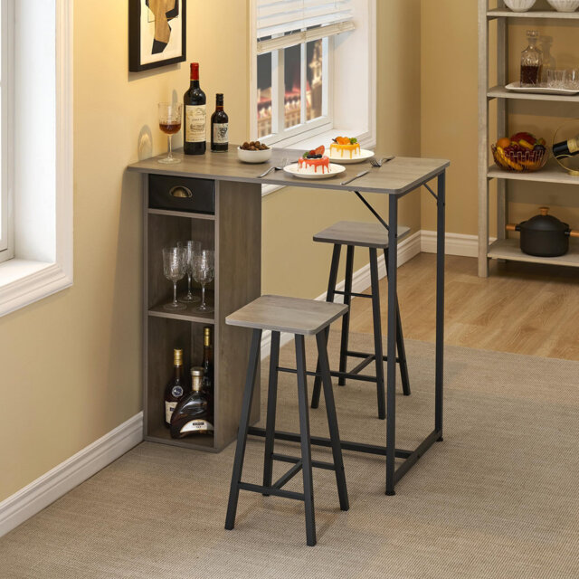 3 Pieces Bar Table Set with 2 Stools, Small Metal Dining Table with Chair, Home Bar Set with 2 Open Shelves,Drawer Footrest, Breakfast Dining Furnitur