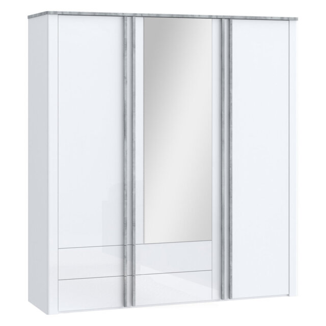Modern, spacious wardrobe with 3 doors, 2 drawers, mirror, clothing rail and shelves, engineered wood, white / concrete optic, 201 cm W 215.6 cm H x 5