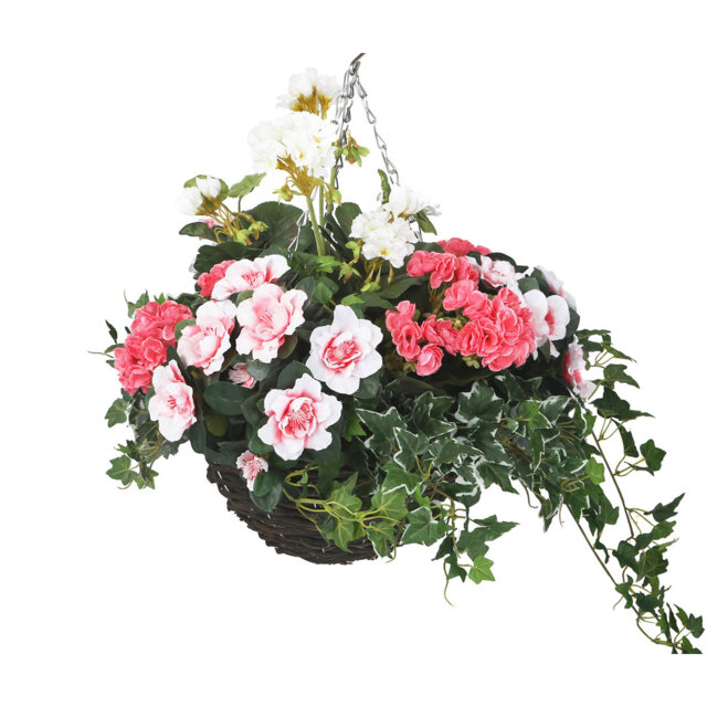"Artificial Azalea And Geranium Display In A 12"" Round Willow Hanging Basket, Faux Flowers Decoration For Vibrant Outdoor Foliage"