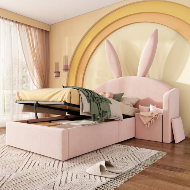 HugBunny Single Kids Bed Frame with Storage and Nightstand, Children beds for Girls