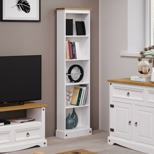Nelliston tall narrow 5 shelf bookcase, white and antique wax finish
