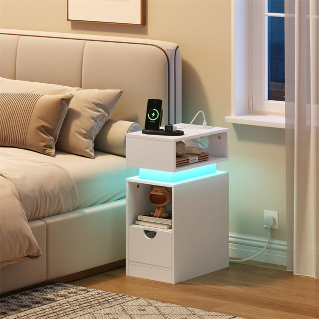 Narrow Bedside Table, Slim Sofa Side Table With Charging Station, Nightstand With LED Light Strip, For Living Room, Bedroom