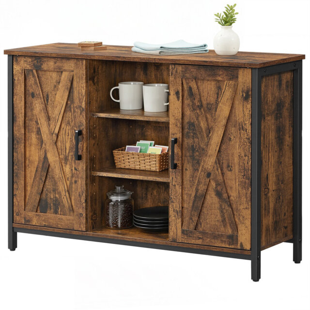 Sideboard, Storage Cabinet with Cupboard and Shelves, Buffet Table, Barn Doors, for Dining Room, Rustic Brown and Black