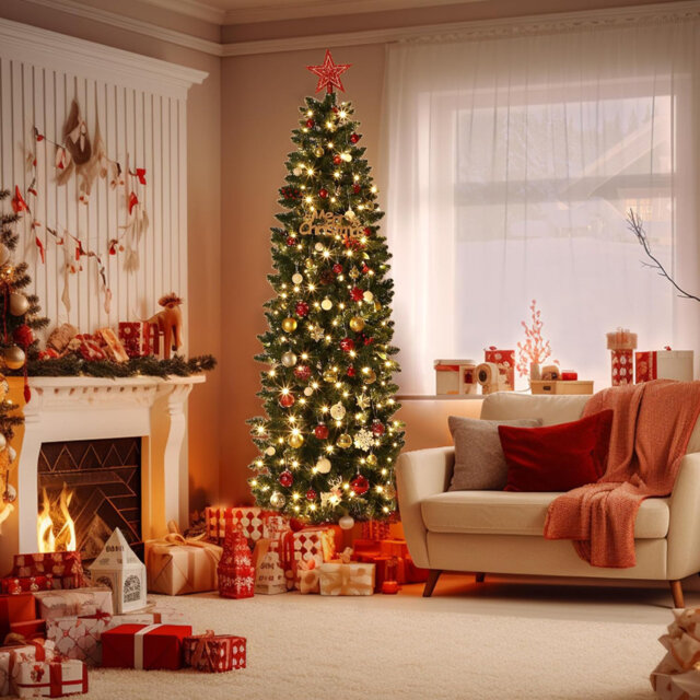 6/7.5ft Pre-Lit Slim Artificial Christmas Tree – Realistic PVC Pine Needles, Sturdy Metal Stand - Indoor & Outdoor Xmas Tree for Home, Apartment, Offi