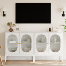 Set of 2 Wooden Sideboard Buffet Cabinets with Rattan & Fluted Glass Doors, Storage Shelves, Adjustable Feet for Dining Living Room Hallway, White