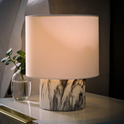 Melanie White Marble Effect Table Lamp with White Linen Lamp Shade