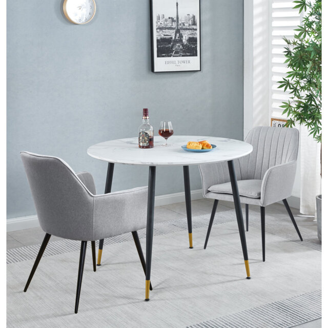 Finley Small Round Dining Table In White Marble Finish With 2 Steel Grey Fabric Armed Chairs