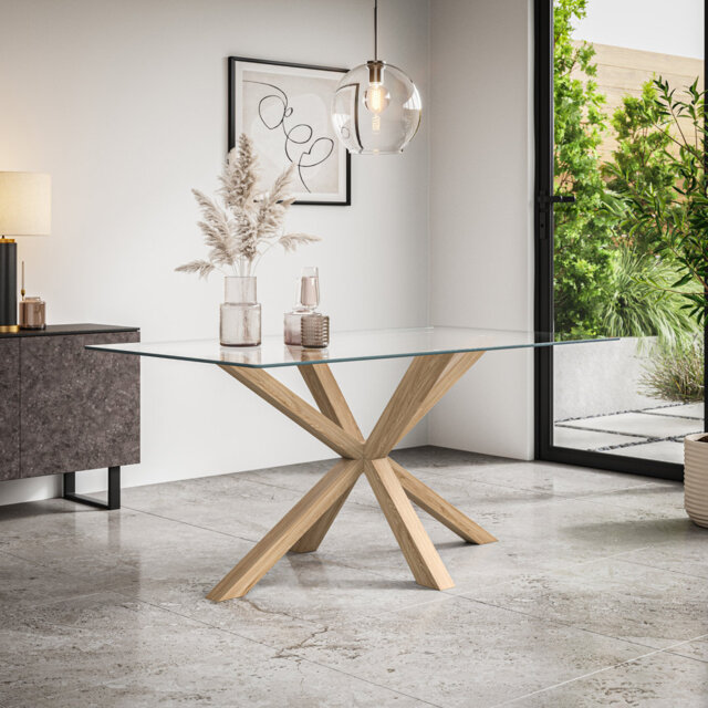 Dannyel Glass Top Solid Wood Base Dining Table