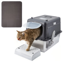 Enclosed Stainless Steel Cat Litter Box, Dark Grey 201 Steel Easy-Clean Cat Toilet Tray, High-Sided 15 cm or 20 cm Depth, Odour-Resistant Durable Litt