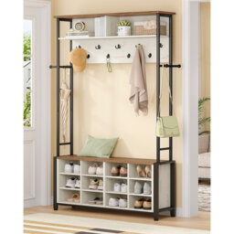 Coat Rack with Shoe Storage, Hall Tree with Bench for Hallway, 14 Open Compartments, Coat Stand with Adjustable Shelves, 13 Hooks, Top Storage for Liv