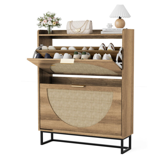 Rattan Shoe Cabinet with 4 Doors, Freestanding Shoe Rack Narrow with Metal Legs, Shoe Rack Shoe Storage Wooden Shoe Chest for Entrance, Closet, Hallw