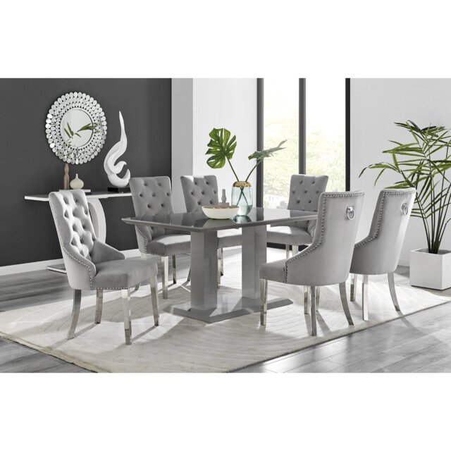 Edzard Double Pedestal High Gloss Dining Table Set with 6 Luxury Velvet Dining Chairs