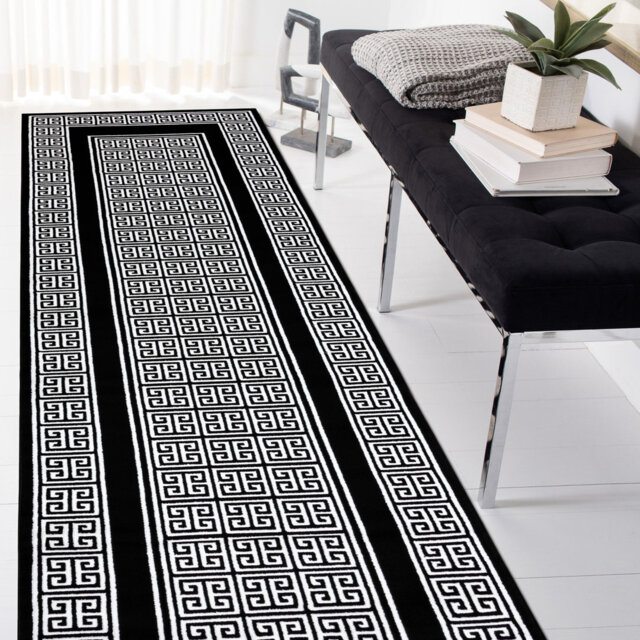 Modern GLOSS rugs for living rooms, bedrooms, kitchens, hallways, frames, Greek black / ivory