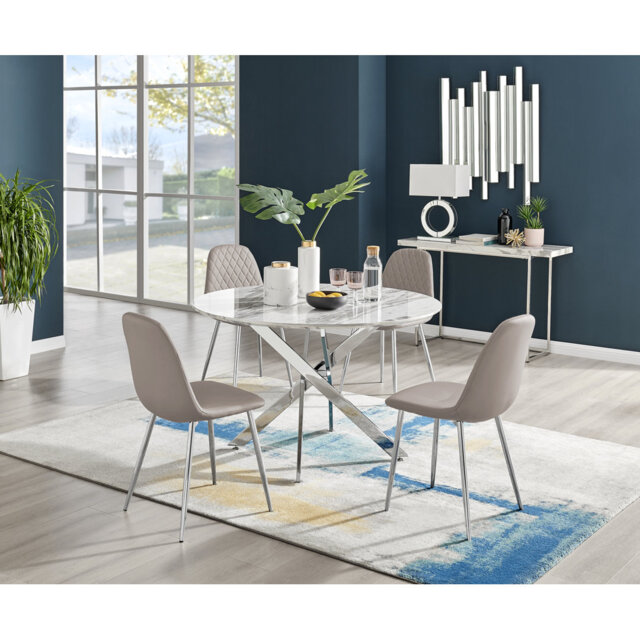 Tierra Modern Metal & Glass Round Dining Table Set with 4 Luxury Faux Leather Chairs