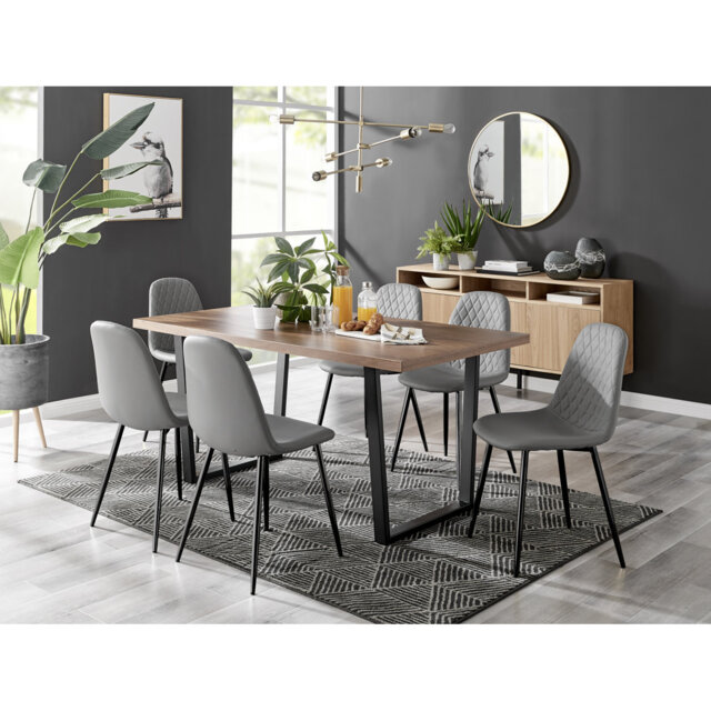 Kylooe Modern Brown Wood And Black Metal Dining Table Set With 6 Luxury Faux Leather Dining Chairs