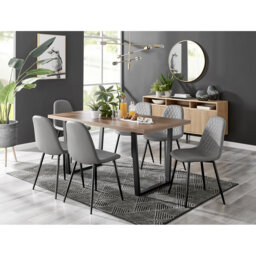 Kylooe Modern Brown Wood And Black Metal Dining Table Set With 6 Luxury Faux Leather Dining Chairs