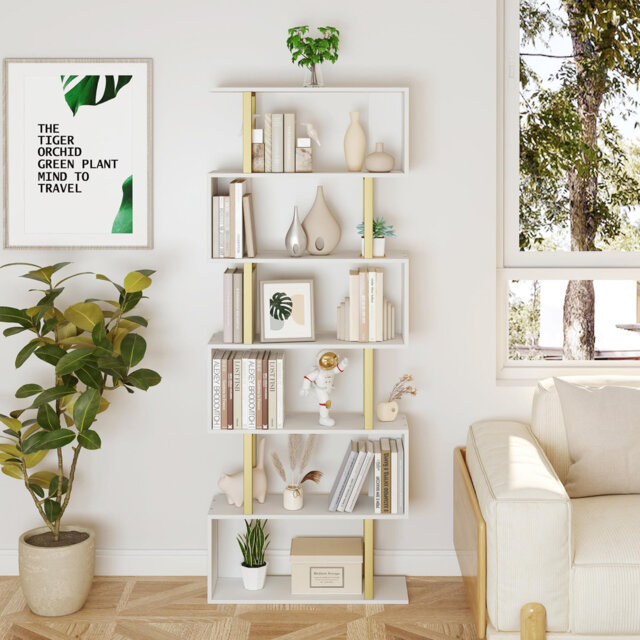 Geometric Bookcase, S Shaped Bookshelf 6-Tier Book Shelves Gold And White