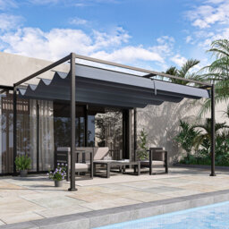 4 x 3m Outdoor Metal Pergola with Retractable Canopy, Patio Sun Shelter with Powder Coated Frame and UV Resistant Grey Roof