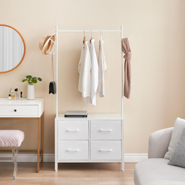 Clothing Rack with 4 Fabric Drawers, Hanging Rod & Hooks, Metal Wardrobe Organizer for Home, White