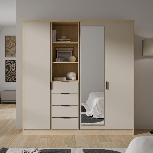 Modern, spacious hallway wardrobe with 3 doors, a full-length mirror, four drawers, open shelving, beige with warm oak accents, 207.5 cm W x 212.7 cm