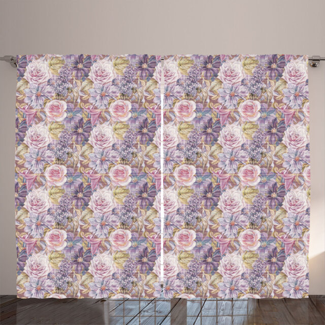 Rustic curtain, rose lilies print, flower, purple light pink khaki