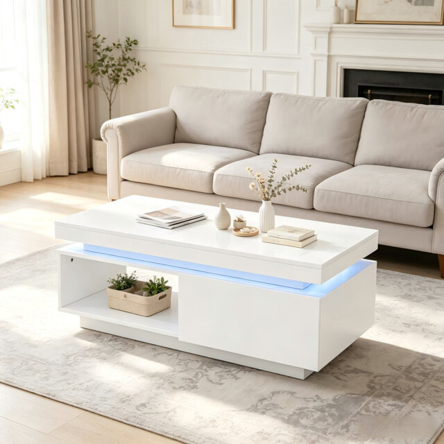 White High Gloss Coffee Table With LED Lights,Drawer And Open Storage For Living Room