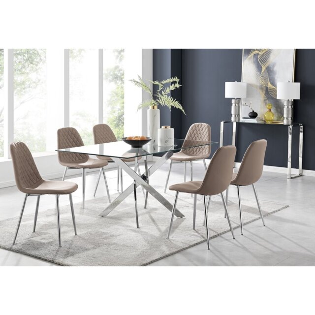 Lenworth Chrome and Glass Rectangular Dining Table Set with 6 Luxury Faux Leather Chairs