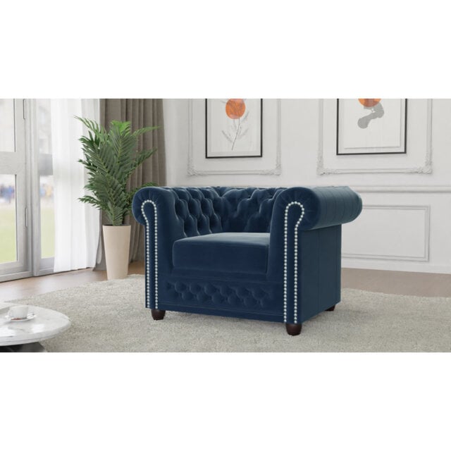 Chesterfield Hanna Sofa Set with Sleeping Function 3+2+1 Made of Velvet Fabric with Solid Wood Legs