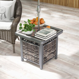 55Cm Outdoor PE Rattan Side Table Outdoor Coffee Table W/ Umbrella Hole