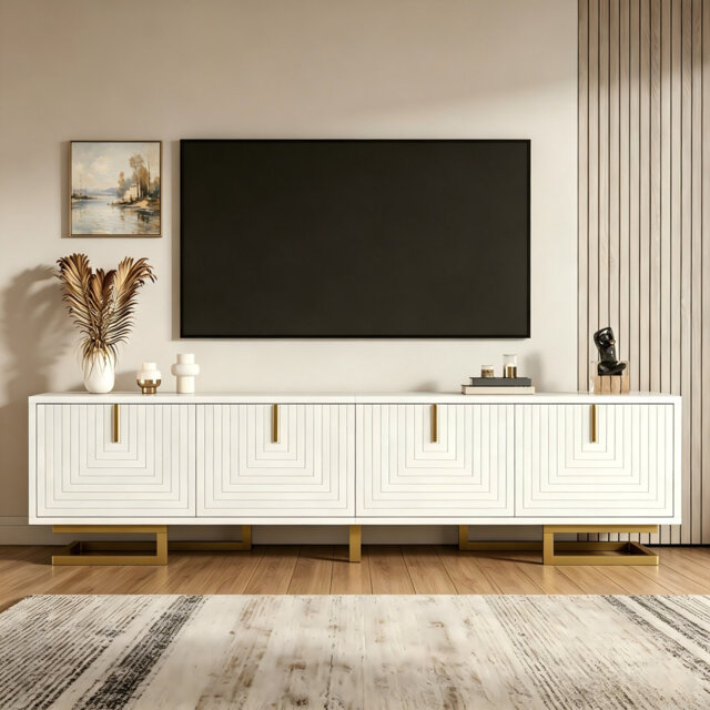 "Wetherly White Textured Door TV Lowboard Media Unit, Modern TV Stand Cabinet up to 65"" TVs"