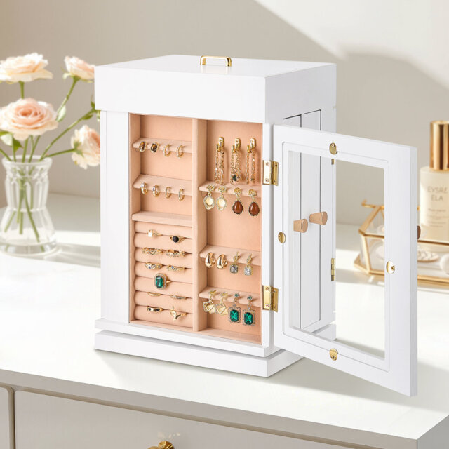 Jewelry Box, 360° Rotating Jewelry Organizer with Magnetic Door, Acrylic Window and Built-in 4 Necklace Hooks, Spacious Storage Case with Metal Handl