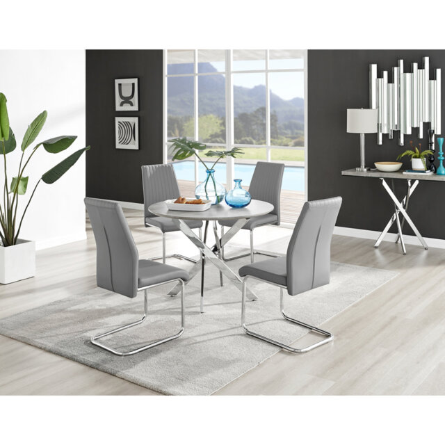 Tierra Modern Chrome Metal & Glass Round Dining Table Set with 4 Upholstered Faux Leather Chairs
