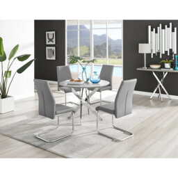 Tierra Modern Chrome Metal & Glass Round Dining Table Set with 4 Upholstered Faux Leather Chairs