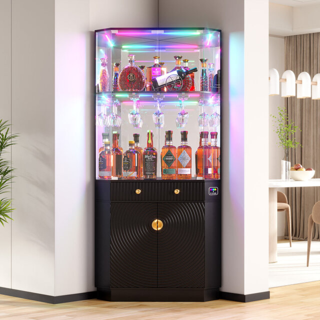 Corner Display Cabinet with Human Body Sensor RGB Lights, Wine Cabinet Liquor Stand with Glass Holder