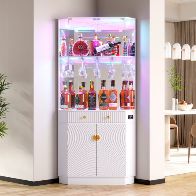 Corner Display Cabinet with Human Body Sensor RGB Lights, Wine Cabinet Liquor Stand with Glass Holder
