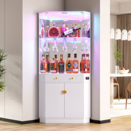 Corner Display Cabinet with Human Body Sensor RGB Lights, Wine Cabinet Liquor Stand with Glass Holder