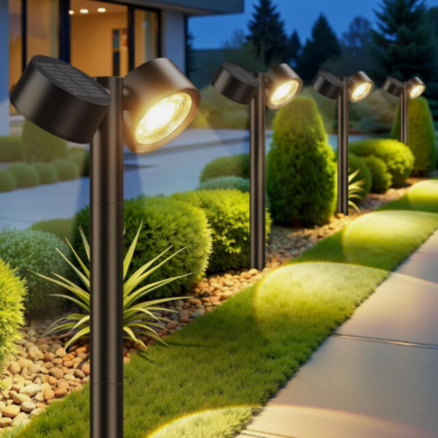 2Pcs Solar Powered Dual-Head Garden Spotlights, Adjustable Twin-Head Led Stake Lights With Warm White Glow For Pathways & Borders