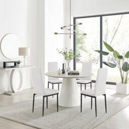 Edzard Statement Round Dining Table Set in Luxury Beige Stone Effect & 4 Faux Leather Dining Chairs