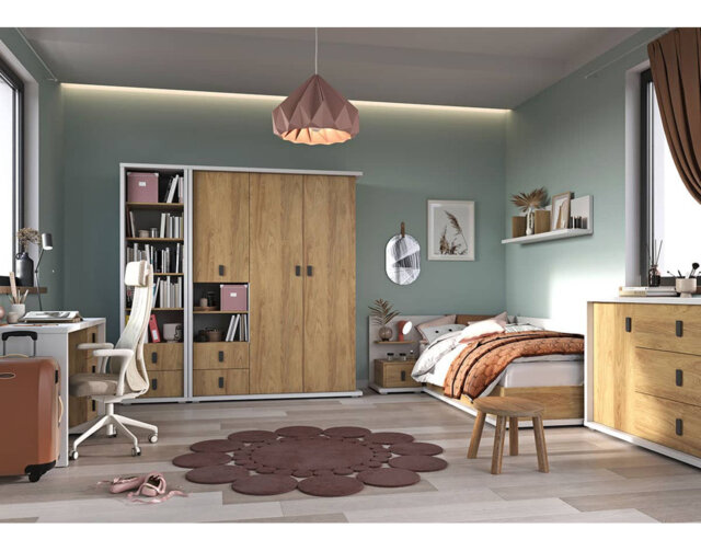 Left-Side Single Bed W102cm - Stylish Natural Hickory & Alpine White with Built-in Storage
