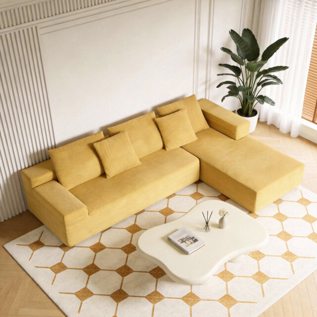 L-Shaped Modular Cloud Sofa In A Box, Yellow Velvet Compressed Foam Couch With Boneless Design, Vacuum-Packed Modular Sectional For Living Room – Choo
