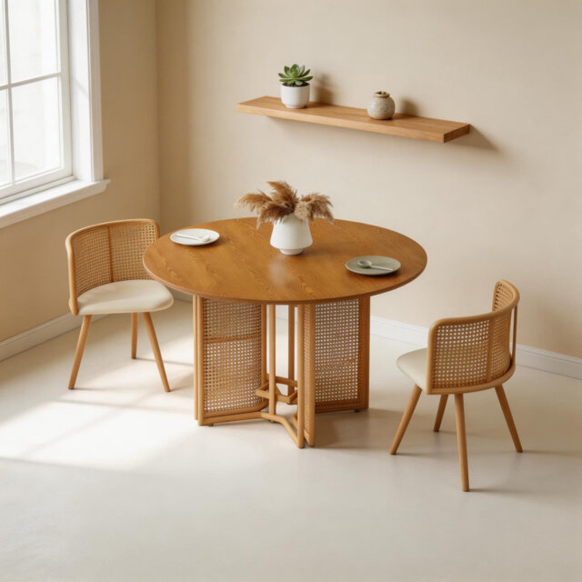 120cm Round Dining Table with Rattan Dining Chairs